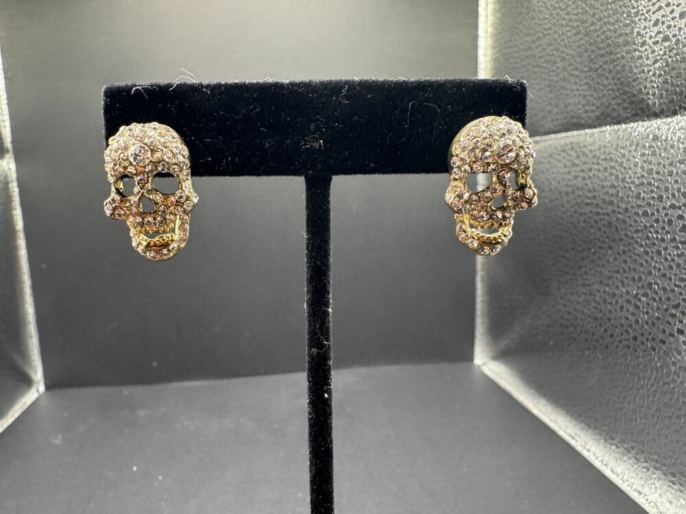 Smiling Skull Sparkle Skeleton Clear Rhinestone Gold Tone Stud Earrings